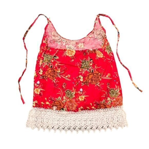 Beaded Crochet Trim Halter Tank Top Red‎ Floral XS S BOHO Hippie Western Beach - Picture 12 of 12